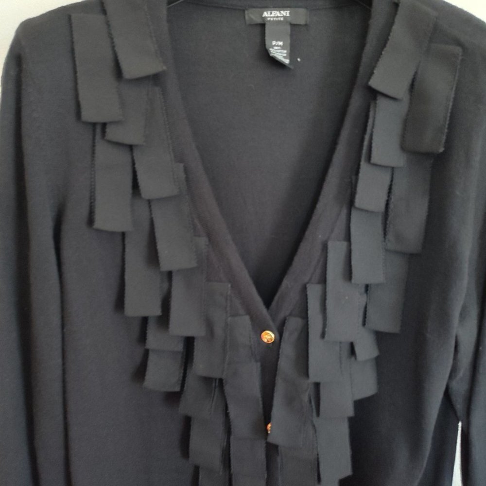 Ladies Petite SZ PM Alfani Black Grosgrain Ribbon Trim Cardigan - Picture 2 of 3